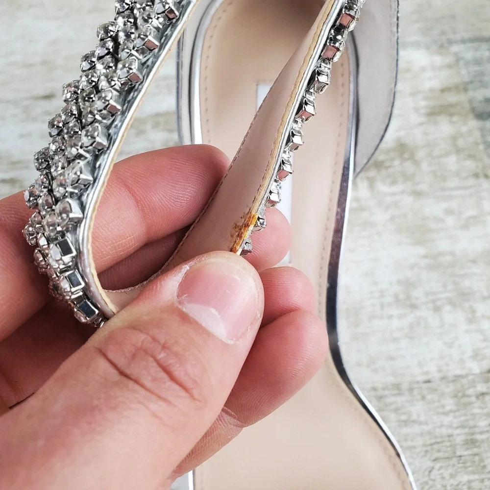 Nina Vauna Womens Sandals Sz 11 M Silver Rhinestone Ankle Strap Zip Kitten Heel